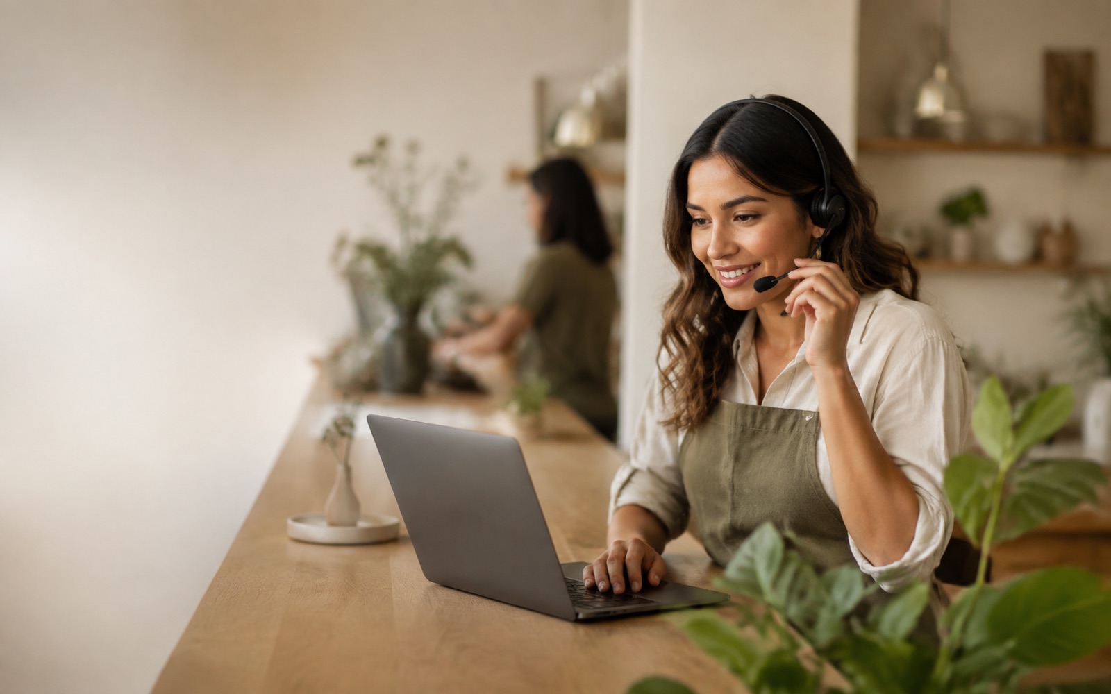 Emprendedora atiende una conversación desde su notebook en un local